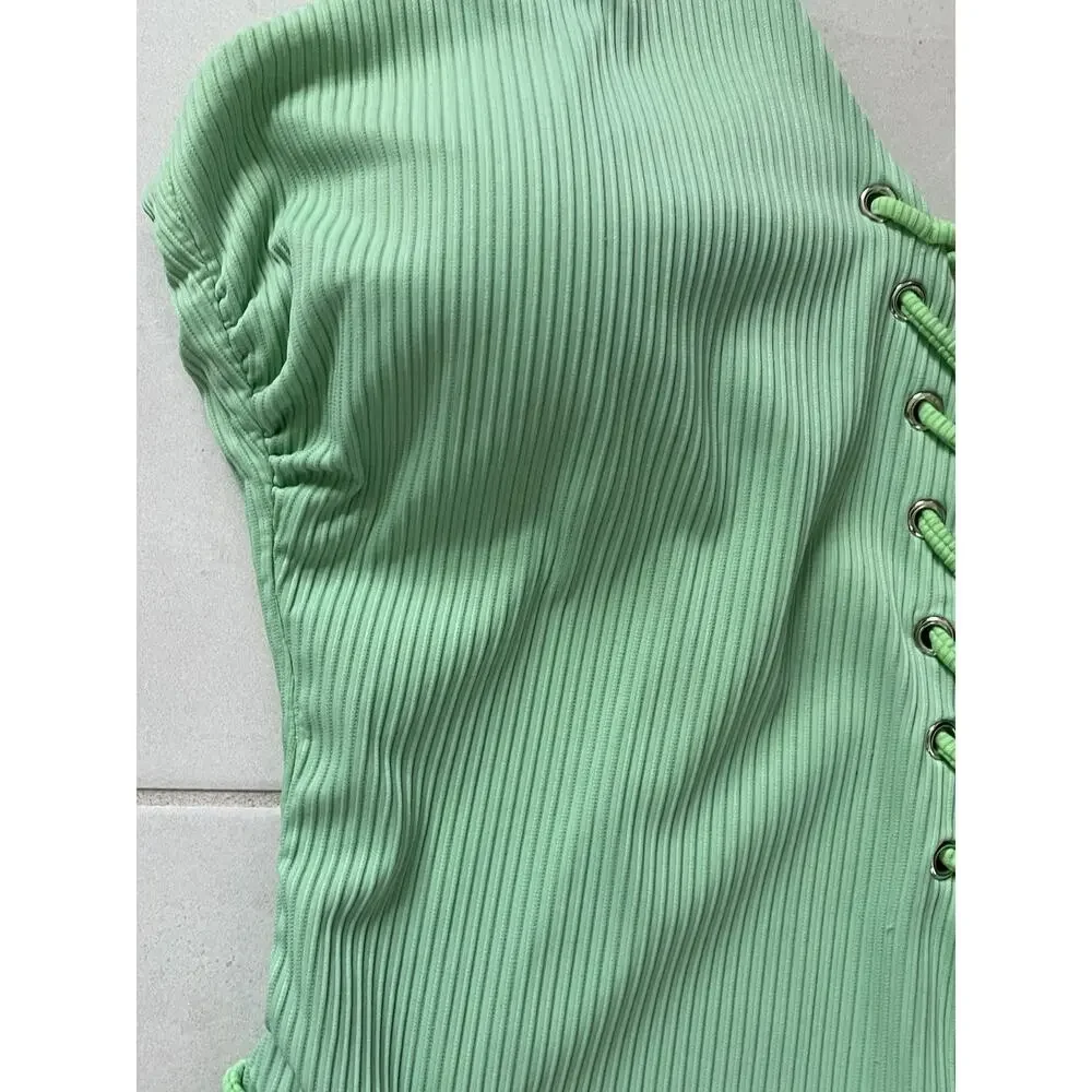 Coastal Waves Swim One Piece Swimsuit Ribbed Lace Up Swimwear